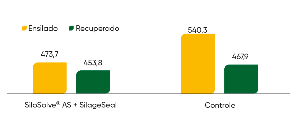 Figura 2. Volume de silagem (ton de MN) ensilado e recuperado com e sem uso de inoculante e barreira de oxigênio. 